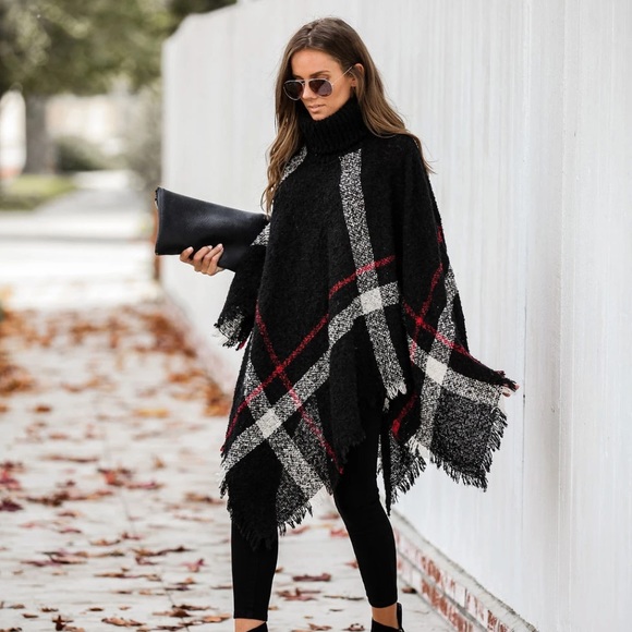 LAST 1️⃣Navy Blue Plaid Stripe Turtleneck Poncho - Picture 4 of 6